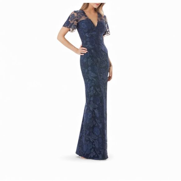 NWT Carmen Marc Valvo Infusion Sequin Embroidered Gown Dress Sz 2 XS